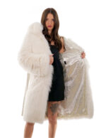 Cappotto volpe bianco 48 lungo 108 centimetri manica lunga cintura esterna in pelle cappuccio enorme