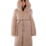 Cappotto volpe rosa 42 lungo 108 centimetri manica lunga cintura esterna in pelle cappuccio enorme