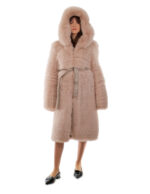 Cappotto volpe rosa 44 lungo 108 centimetri manica lunga cintura esterna in pelle cappuccio enorme