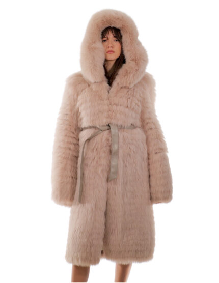 Cappotto volpe rosa 44 lungo 108 centimetri manica lunga cintura esterna in pelle cappuccio enorme