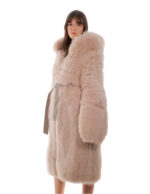 Cappotto volpe rosa 44 lungo 108 centimetri manica lunga cintura esterna in pelle cappuccio enorme