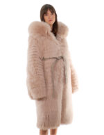 Cappotto volpe rosa 46 lungo 108 centimetri manica lunga cintura esterna in pelle cappuccio enorme