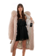 Cappotto volpe rosa 46 lungo 108 centimetri manica lunga cintura esterna in pelle cappuccio enorme