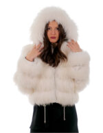 White fox fur jacket 40 long sleeve white leather 56cm long
