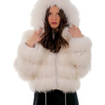 White fox fur jacket 44 long sleeve white leather 56cm long