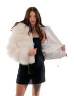 White fox fur jacket 44 long sleeve white leather 56cm long - Image 6