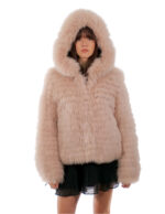 Giacca in volpe filettata con cappuccio rosa 44 manica lunga chiusura ganci