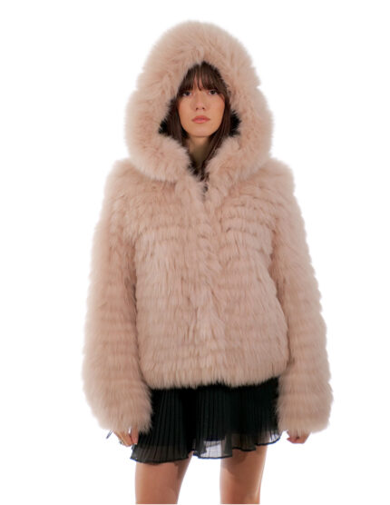 Giacca in volpe filettata con cappuccio rosa 44 manica lunga chiusura ganci