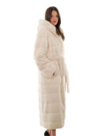 Sehr langer Mantel 132cm 48 horizontal weißer Nerz mit Fellgürtel langarm – Bild 3