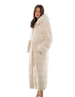 Sehr langer Mantel 132cm 48 horizontal weißer Nerz mit Fellgürtel langarm – Bild 4