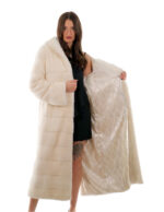 Sehr langer Mantel 132cm 48 horizontal weißer Nerz mit Fellgürtel langarm – Bild 7