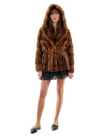 Horizontal Mink Jacket Hood with Low-Cut Collar 44 Golden Gold Long Sleeve Belt - Image 5
