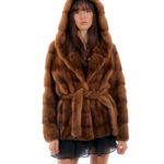 Giacca visone orizzontale cappuccio con collo scollato 44 golden oro manica lunga cintura