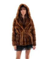 Giacca visone orizzontale cappuccio con collo scollato 44 golden oro manica lunga cintura