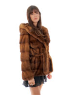 Horizontal Mink Jacket Hood with Low-Cut Collar 44 Golden Gold Long Sleeve Belt - Image 3