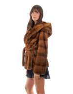 Horizontal Mink Jacket Hood with Low-Cut Collar 44 Golden Gold Long Sleeve Belt - Image 4