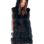 Gilet lungo in pelliccia di volpe nero 52 con cappuccio zip e pelle scamosciata 86 centimetri