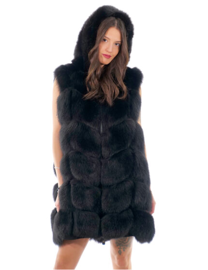 Gilet lungo in pelliccia di volpe nero 56 con cappuccio zip e pelle scamosciata 86 centimetri