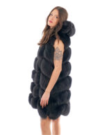 Gilet lungo in pelliccia di volpe nero 56 con cappuccio zip e pelle scamosciata 86 centimetri
