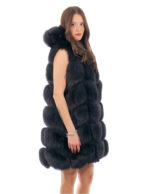 Gilet lungo in pelliccia di volpe nero 56 con cappuccio zip e pelle scamosciata 86 centimetri