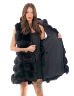 Gilet lungo in pelliccia di volpe nero 56 con cappuccio zip e pelle scamosciata 86 centimetri