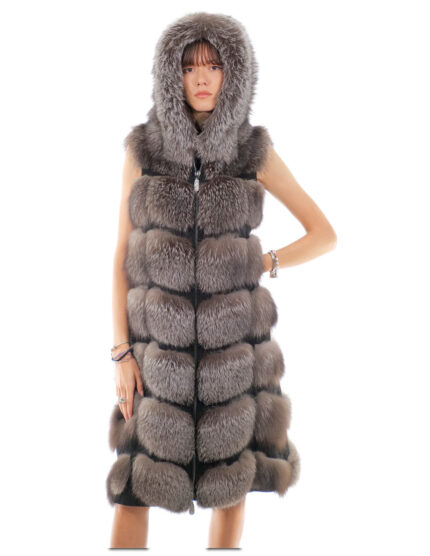 Gilet lungo 112 cm pelliccia di volpe argentata blue frost 48 con cappuccio zip e pelle scamosciata