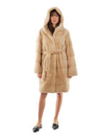 Coat 100 cm palomino mink long horizontal 46 long sleeve hood outer belt fur - Image 5