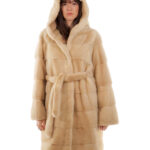 Cappotto 100 cm palomino visone lungo orizzontale 46 manica lunga cappuccio cintura esterna pelliccia