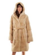 Cappotto 100 cm palomino visone lungo orizzontale 46 manica lunga cappuccio cintura esterna pelliccia