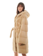 Coat 100 cm palomino mink long horizontal 46 long sleeve hood outer belt fur - Image 3