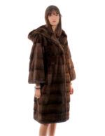 Cappotto 104 cm cappuccio scanbrown pelliccia 52 visone orizzontale coulisse fondo