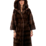 Cappotto 104 cm cappuccio scanbrown pelliccia 56 visone orizzontale coulisse fondo