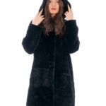 Montone cappotto 94 centimetri nero black donna 56 spacchi laterali cappuccio bottoni