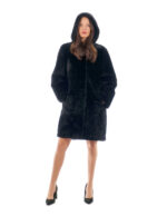 Sheepskin Coat 94cm Black Black Women 56 Side Slits Hood Buttons - Image 5