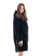 Sheepskin Coat 94cm Black Black Women 52 Side Slits Hood Buttons - Image 3