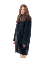 Sheepskin Coat 94cm Black Black Women 52 Side Slits Hood Buttons - Image 4