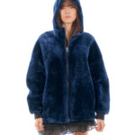 Montone cappotto 74 centimetri blu reversibile pelle 52 cappuccio chiusura zip donna