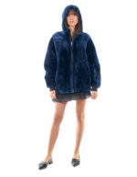 Women's Sheepskin Coat 74cm Blue Reversible Leather 54 Hood Zip Closure - Image 5