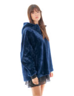 Women's Sheepskin Coat 74cm Blue Reversible Leather 54 Hood Zip Closure - Image 3