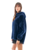 Women's Sheepskin Coat 74cm Blue Reversible Leather 54 Hood Zip Closure - Image 4