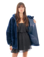 Women's Sheepskin Coat 74cm Blue Reversible Leather 52 Hood Zip Closure - Image 7