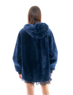 Women's Sheepskin Coat 74cm Blue Reversible Leather 52 Hood Zip Closure - Image 6
