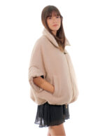 Women's taupe 46 bat wing wool jacket cape with down trim zip closure - Image 3