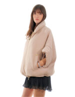 Women's taupe 46 bat wing wool jacket cape with down trim zip closure - Image 4