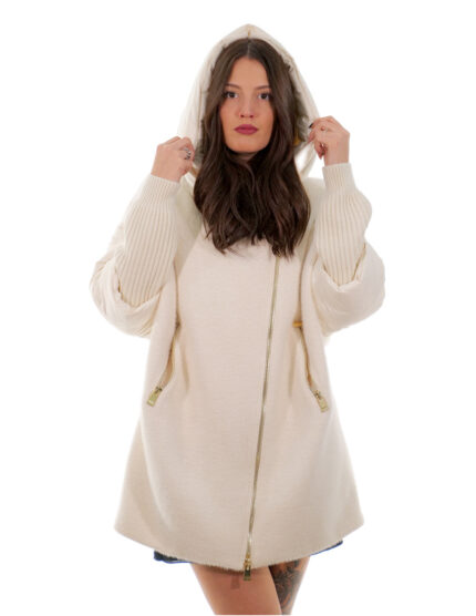 Cappotto bianco 46 lana e piumino donna chiusura zip manicotti lana staccabili con cerniera