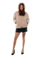 Pink taupe down jacket 42 zip hood front wool back part and down hood - Image 5