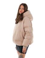 Pink taupe down jacket 42 zip hood front wool back part and down hood - Image 4