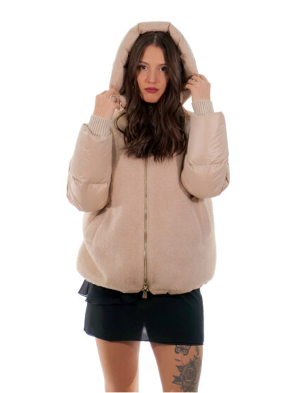 Giacca piumino tortora rosa 46 zip cappuccio parte davanti lana parte dietro e cappuccio piumino