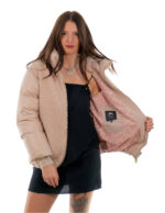 Pink taupe down jacket 42 zip hood front wool back part and down hood - Image 7