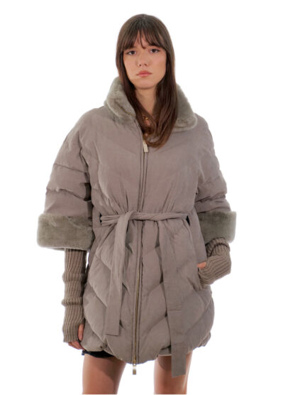 Cappotto piumino mezza manica grigio 48 con manicotti in lana in tessuto tecnico esterno pelliccia rex